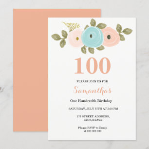 Any Age Floral Pretty Peach 100th Birthday Invite