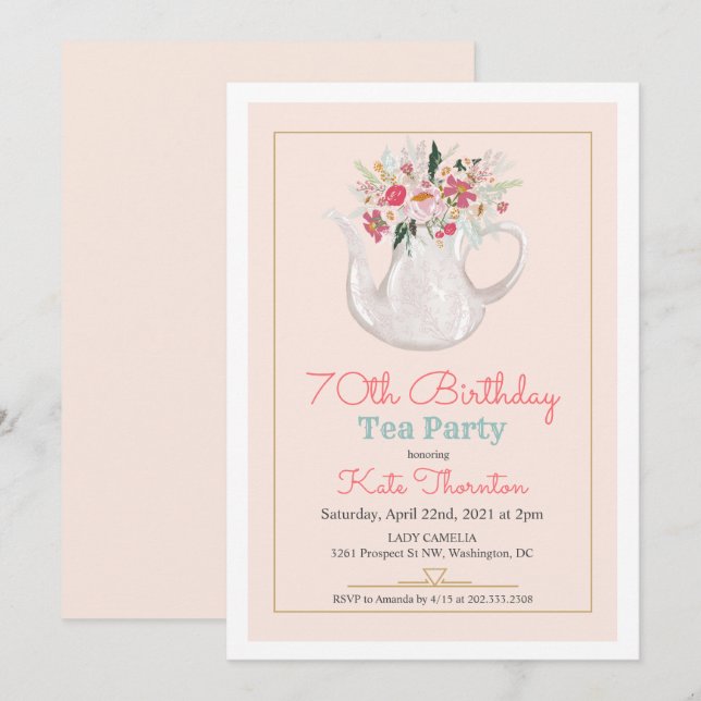 ANY AGE - Floral Teapot Tea Party Birthday Invitation (Front/Back)