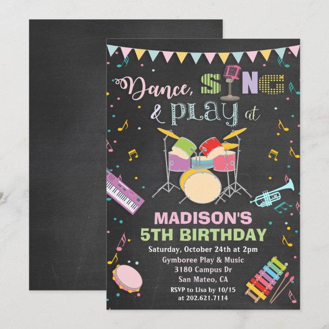 ANY AGE - Girl Music Birthday Chalk Invitation (Front/Back)