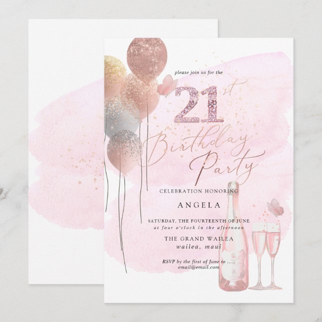 Any Age, Glitter Balloons Pink Champagne 21st Invitation (Front/Back)