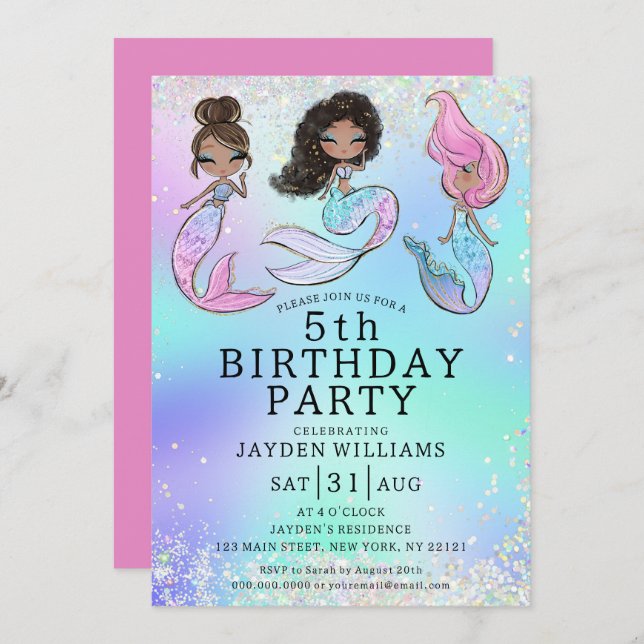 Any Age Glitter Mermaid Black Hair Girl Birthday Invitation (Front/Back)