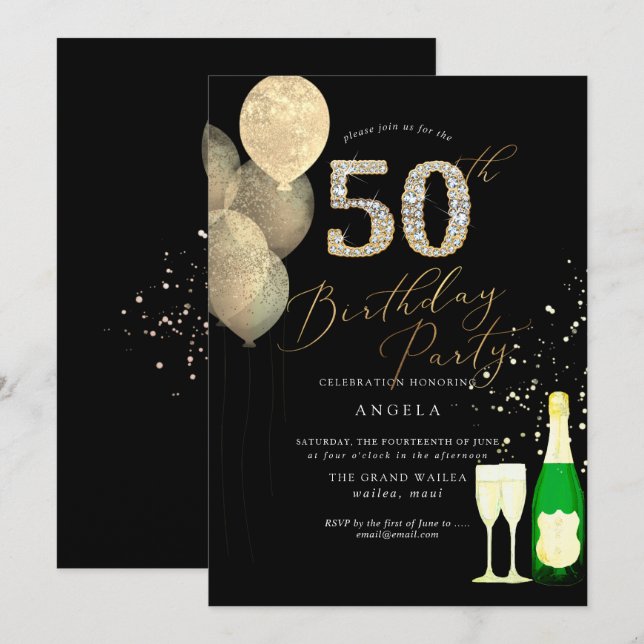 Any Age, Gold Glitter Balloons Diamond Invitation (Front/Back)