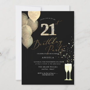 Any Age, Gold Glitter Balloons Diamond Invitation