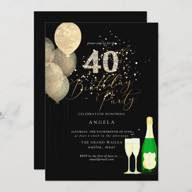 Any Age, Gold Glitter Balloons Diamond Invitation (Front/Back)