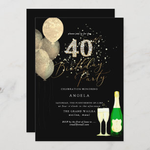 Any Age, Gold Glitter Balloons Diamond Invitation