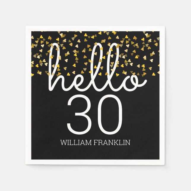 Any Age Gold Hearts Hello Birthday Napkin (Front)