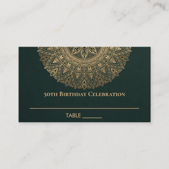 ANY AGE GREEN GOLD ORNATE MANDALA 50TH BIRTHDAY PLACE CARD (Front)