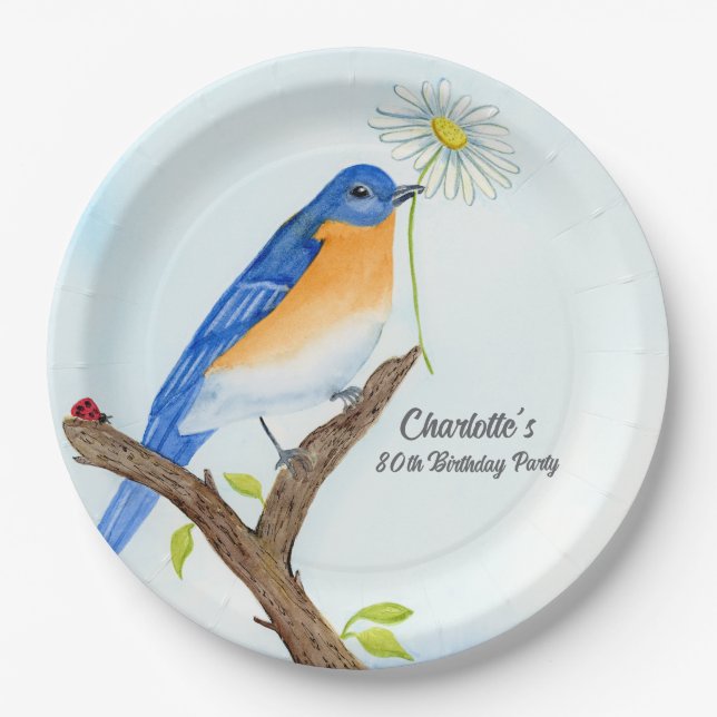 Any Age Happy April Birthday with Bluebird Paper Plate (Front)