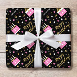 Any Age Happy Birthday Cake Pink Black Wrapping Paper<br><div class="desc">Make your gift extra special with this personalised celebration wrapping paper! A seamless pattern with stylish script lettering surrounded by birthday cakes and stars. Both the name and birthday age can be customised to make it truly unique. Personalised gift wrap adds a special touch to your gift for family and...</div>