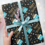Any Age Happy Birthday Cake Teal Black Wrapping Paper<br><div class="desc">Wrap up a birthday surprise with personalised gift wrap! A fun design featuring a seamless pattern of birthday cakes, stars and "Happy Birthday" in a trendy script. Personalise the template with the recipient's name and birthday age. Perfect for family and friends! Printed colours: blue-green teal, black and gold. Available with...</div>