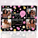 Any Age Happy Birthday Custom Photo Pink 21st Card<br><div class="desc">Create a stylish photo collage greetings card! Personalise the template with four favourite photos,  the recipient's name,  and birthday age. A fun design featuring round confetti,  balloons,  and "Happy Birthday" in a trendy script. Perfect for family,  kids,  friends,  and pets! Printed colours: pink,  black,  white and gold.</div>