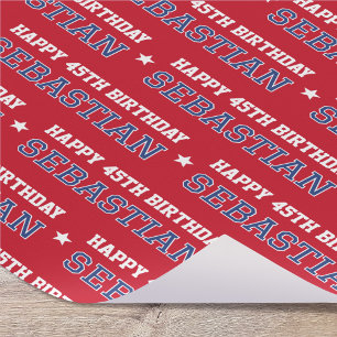 Any Age Happy Birthday Retro Custom Crimson Navy Wrapping Paper