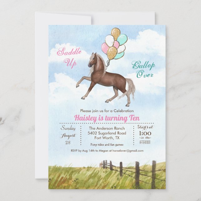 ANY AGE - Horse Balloon Birthday Party Invitation (Front)