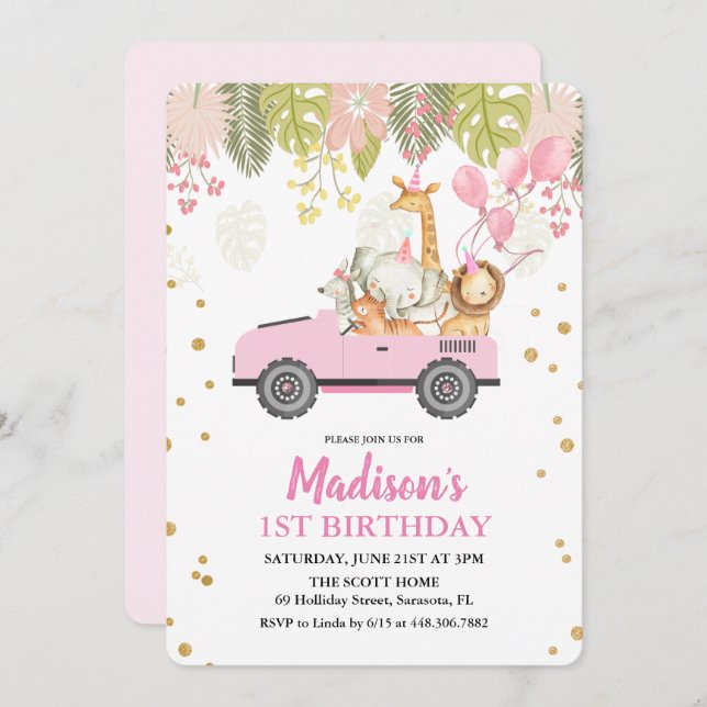 ANY AGE - Jungle Safari Girl Birthday Invitation (Front/Back)