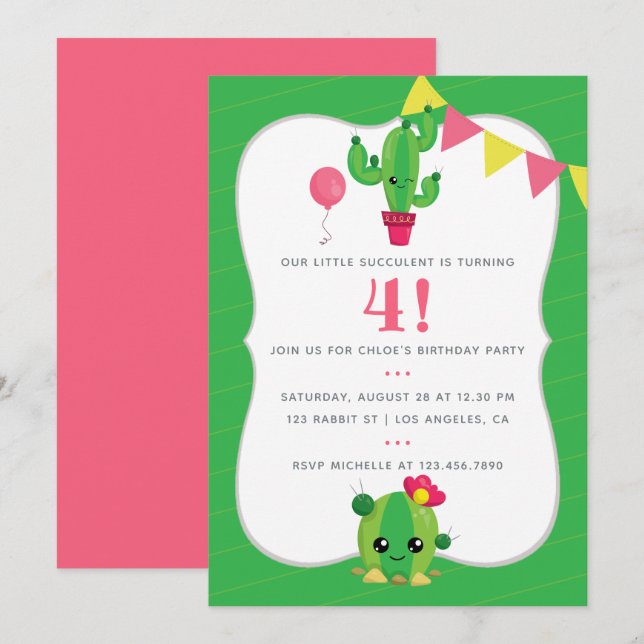 Any Age Kids Cactus themed Birthday Party Invite (Front/Back)