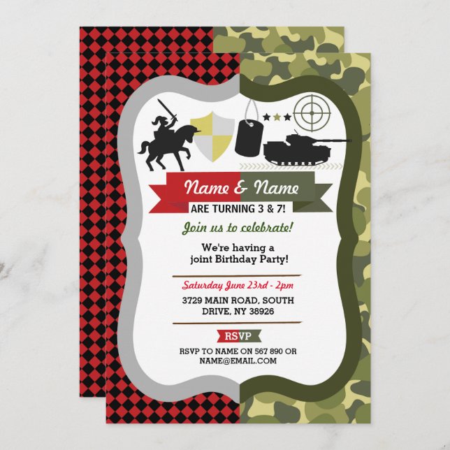Any Age Knight and Army Joint Boy Birthday Party Invitation (Front/Back)