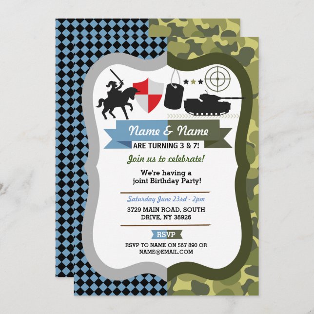 Any Age Knight and Army Joint Boys Birthday Party Invitation (Front/Back)
