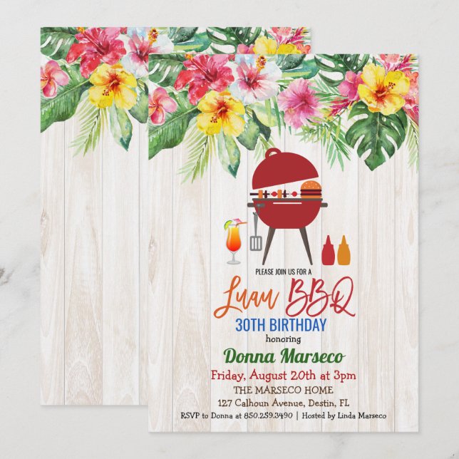 ANY AGE - Luau  BBQ Tropical Birthday Invitation (Front/Back)