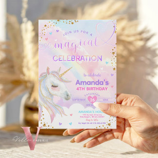 Any Age Magical Rainbow Unicorn Gold Birthday  Invitation