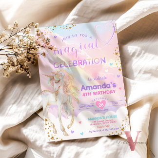 Any Age Magical Rainbow Unicorn Gold Birthday  Invitation