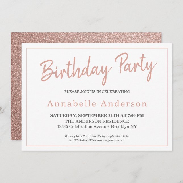 Any Age Modern Pink Rose Gold Sparkle Birthday Invitation (Front/Back)