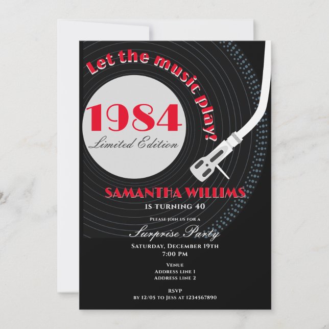 Any Age Music Themed Surprise 40th Birthday Invitation (Front)