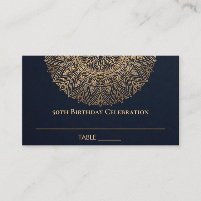 ANY AGE NAVY GOLD ORNATE MANDALA 50TH BIRTHDAY PLACE CARD (Front)
