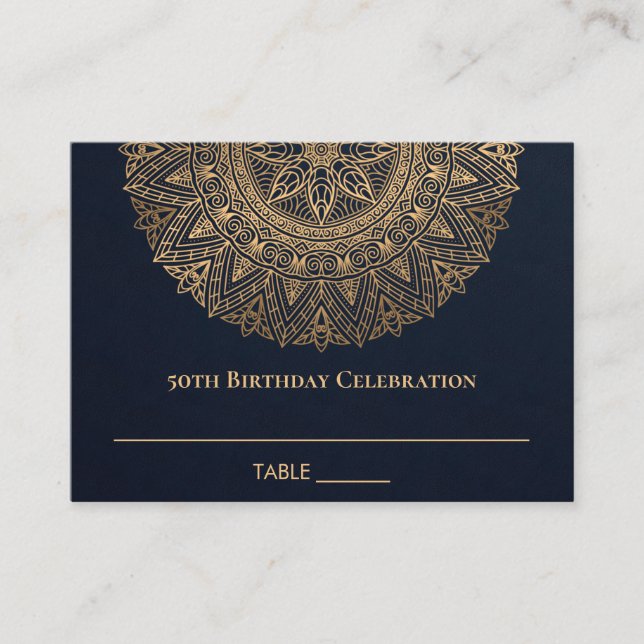 ANY AGE NAVY GOLD ORNATE MANDALA 50TH BIRTHDAY PLACE CARD (Front)