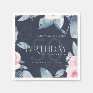 ANY AGE NAVY SOFT BLUSH BLUE FLORAL 50TH BIRTHDAY NAPKIN
