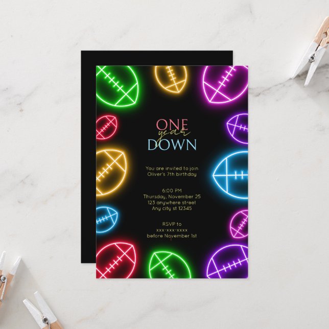 Any age neon football boy birthday  invitation (Front/Back In Situ)