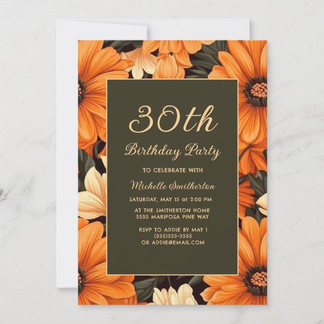 Any Age Orange Flowers Brown 30th Birthday Invitation (Front)