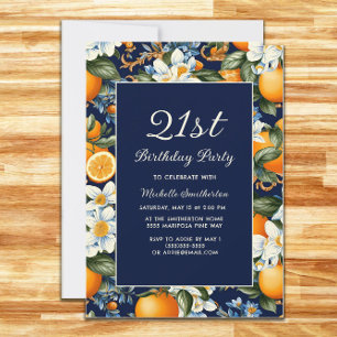 Any Age Oranges White Flowers Navy Blue Birthday Invitation