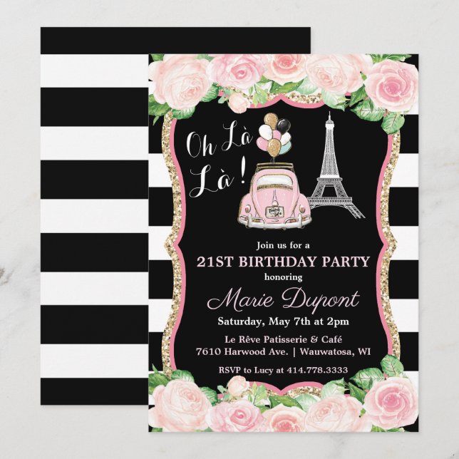 ANY AGE - Paris Travel Theme Birthday Invitation (Front/Back)