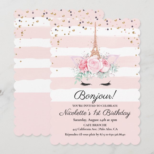 ANY AGE - Paris Unicorn Floral Birthday Invitation (Front/Back)