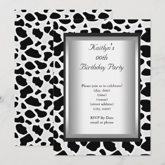 Any Age Party Birthday Black White Cow Animal Skin Invitation (Front/Back)