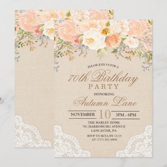 ANY AGE - Peach Floral Lace Birthday Invitation (Front/Back)