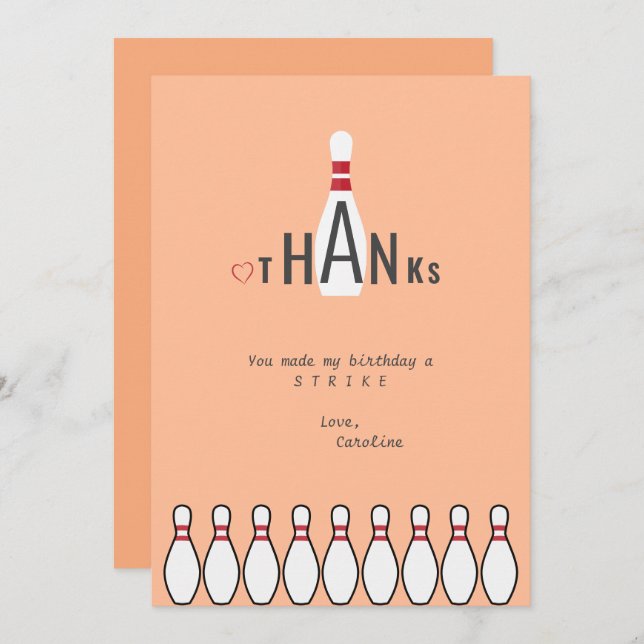 Any Age Peach Fuzz Modern Bowling Birthday Party Thank You Card (Front/Back)