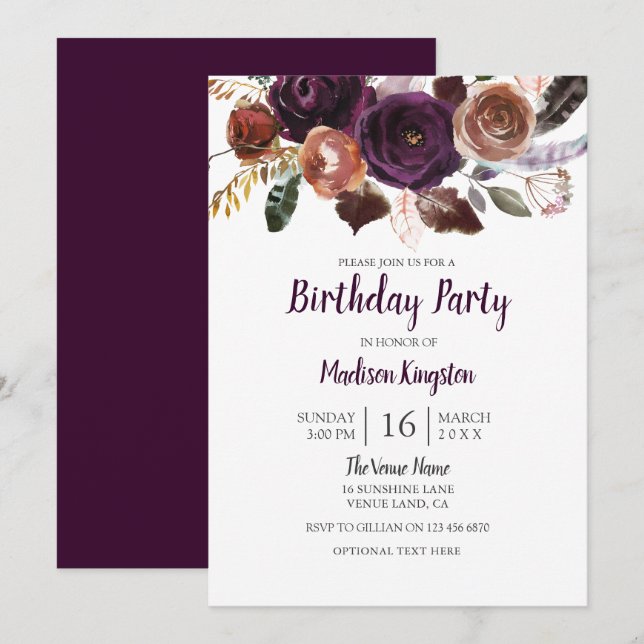 Any Age Peach & Purple Cute Floral Birthday Party Invitation (Front/Back)