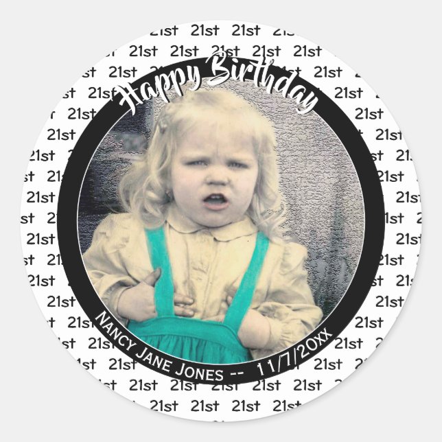 Any Age & Photo: Birthday Number Pattern Black Classic Round Sticker (Front)