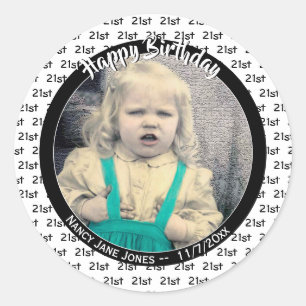Any Age & Photo: Birthday Number Pattern Black Classic Round Sticker
