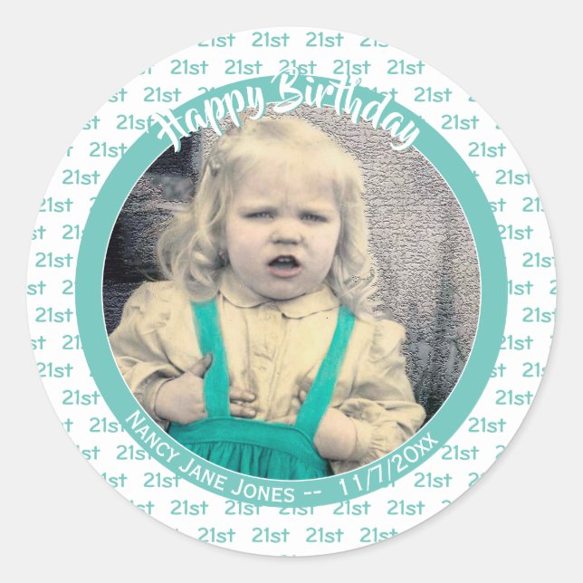 Any Age & Photo: Birthday Number Pattern Teal Classic Round Sticker (Front)