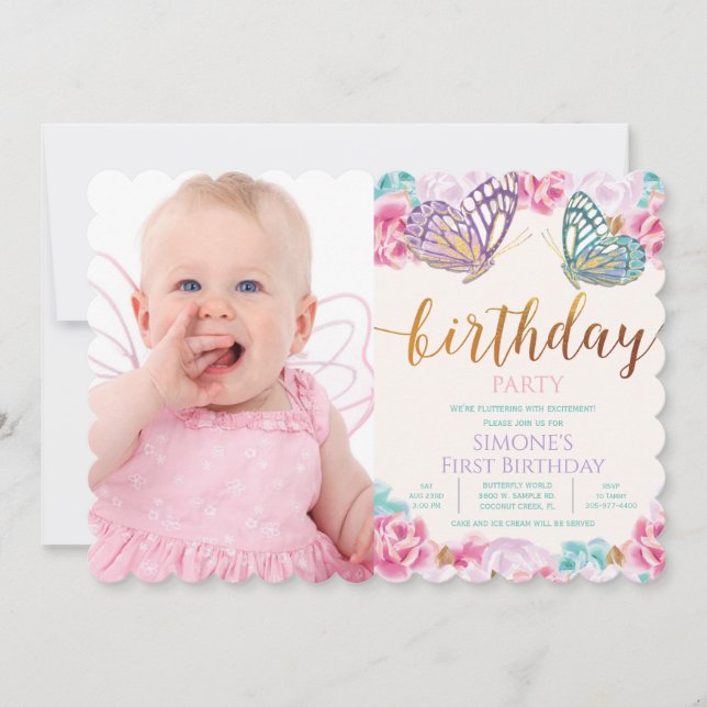 ANY AGE - Photo Butterfly Birthday Invitation (Front)