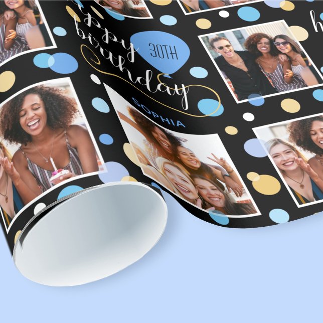 Any Age Photo Collage Birthday Balloon Blue 30th Wrapping Paper (Creator Uploaded)