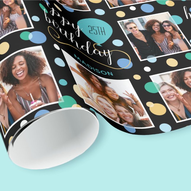 Any Age Photo Collage Birthday Balloon Green 25th Wrapping Paper (Creator Uploaded)