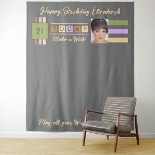 Any age photo grey lilac birthday party backdrop tapestry