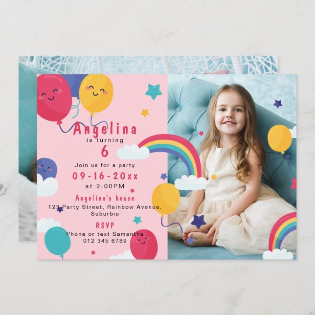 ANY AGE Pink Balloons & Rainbows 2-Photo Birthday Invitation (Front/Back)
