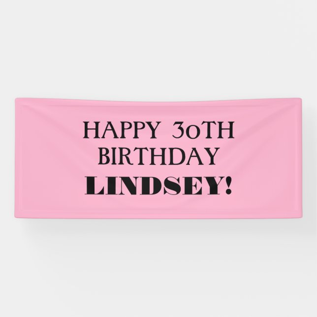 Any Age Pink Black Custom Happy Birthday Banner (Horizontal)