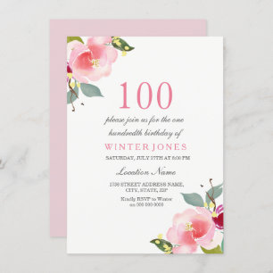 Any Age Pink Floral 100th Birthday Party Invite