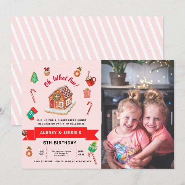Any Age Pink Gingerbread House Christmas Birthday  Invitation (Front/Back)