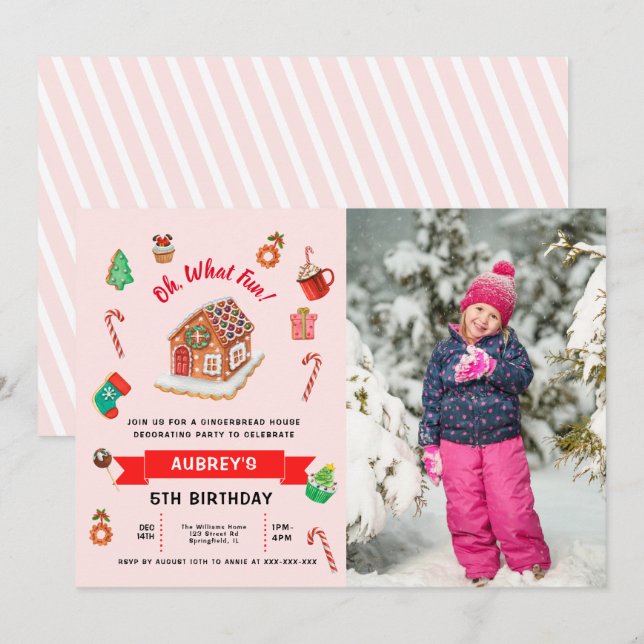 Any Age Pink Gingerbread House Christmas Birthday  Invitation (Front/Back)